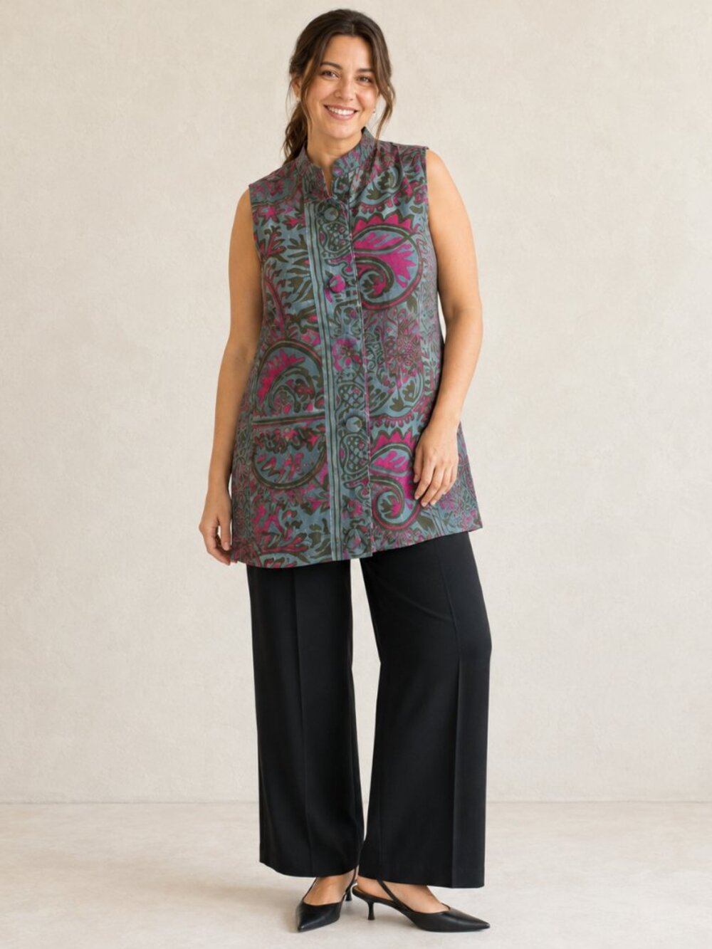 100% silk tunic/shirt  button front SZ L pink/blue